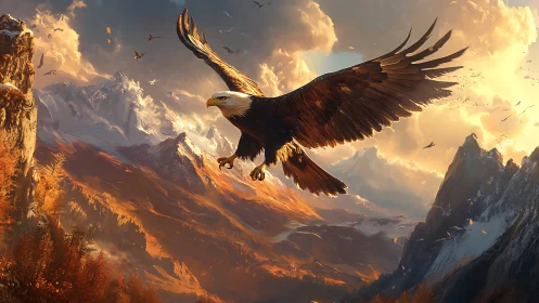 Majestic Bald Eagle Soaring Over Dramatic Mountain Landscape.