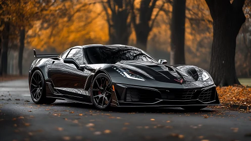 Aerodynamic black supercar in autumn woodland roadway environment.
