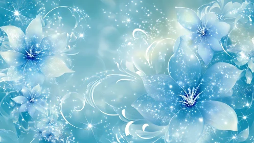 Luminous Blue Flowers Dance in Sparkling Light and Magic