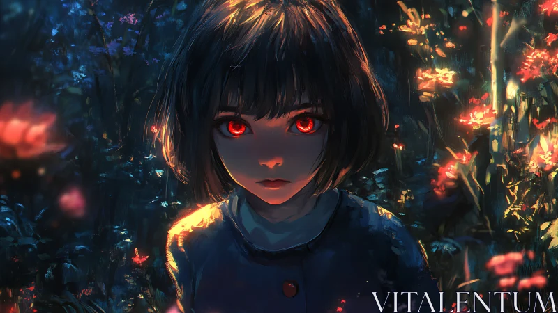 Red-eyed girl stands in glowing nocturnal flower field.