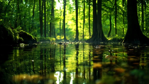 Sunlit Wetland Forest with Reflected Canopy.