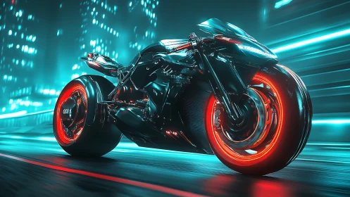Futuristic motorcycle on neon city roadway at night scene.