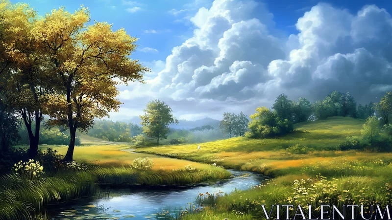 Sunny green meadow with stream under large clouded sky.