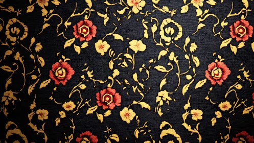 Ornate floral tapestry pattern on dark woven fabric background.