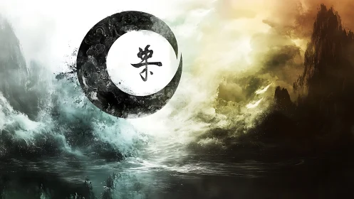 Monochrome zen circle merges storm sea and burning sky.