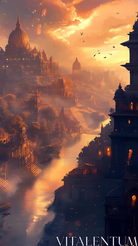Sunlit river city with domed temples in molten dusk glow.
