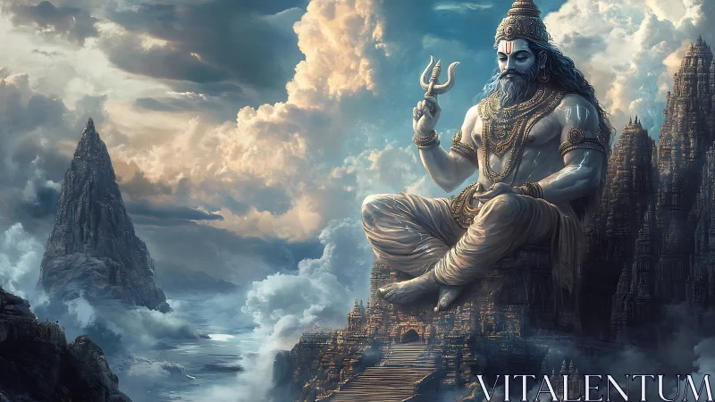 Majestic godlike figure seated above misty mountain temples