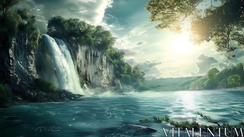 Sunlit emerald waterfall cove with misty river glow.