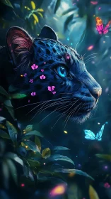 Bioluminescent leopard watches glowing butterflies in forest