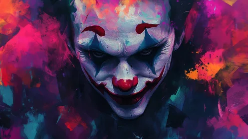 Clown face emerges from dense multicolored abstract background