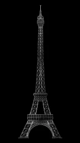 Wireframe Eiffel Tower glows against a stark black void