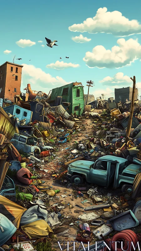 Sunlit junkyard alley winds through rusted cars and debris