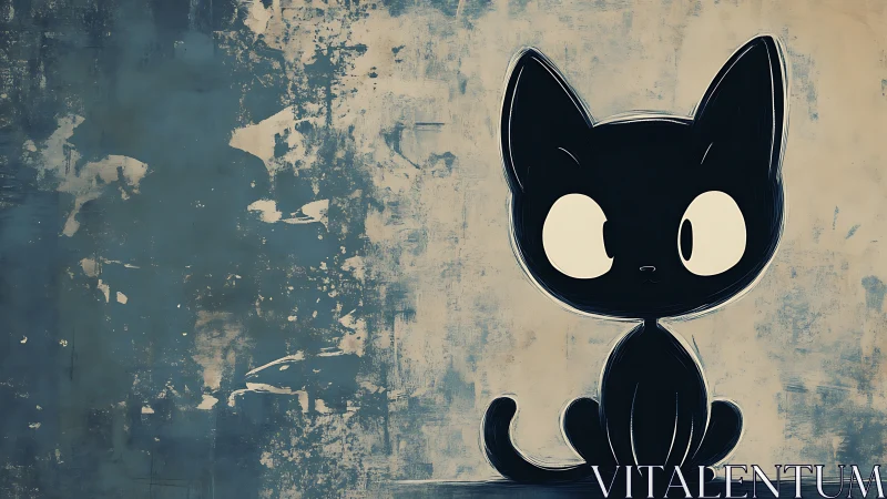 Cartoon black cat silhouette sits before textured backdrop