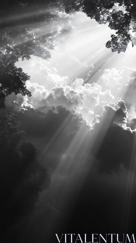 Sunbeams breaking through clouds in a quiet forest sky.