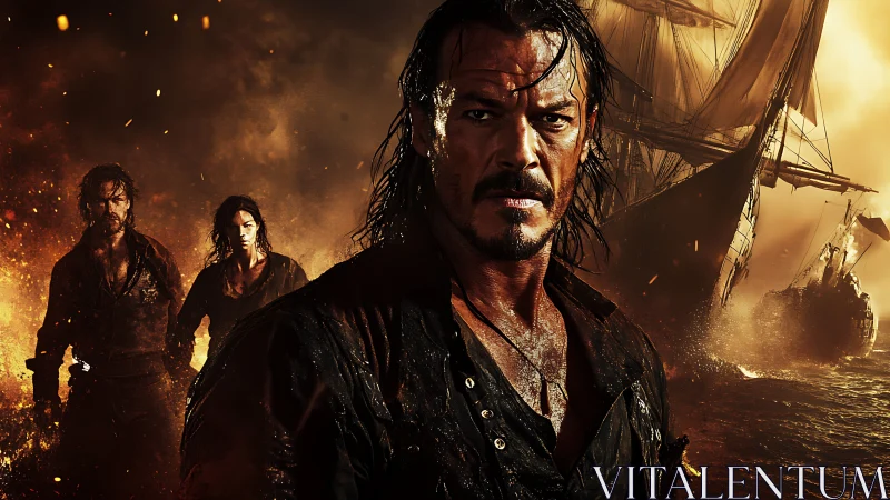 Storm-lit pirate captain stalking through burning seas.