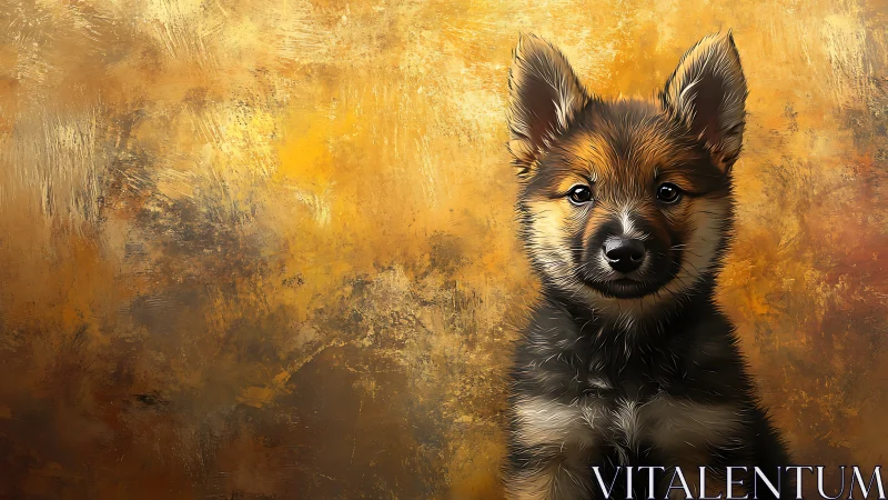 Digital portrait of young dog against textured gold wall.