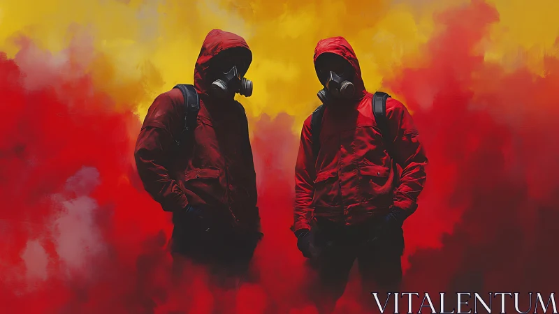 Two hooded figures in gas masks amid red and yellow haze.