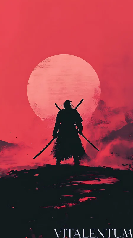 Silhouetted dual-katana ronin before overscaled lunar disc.