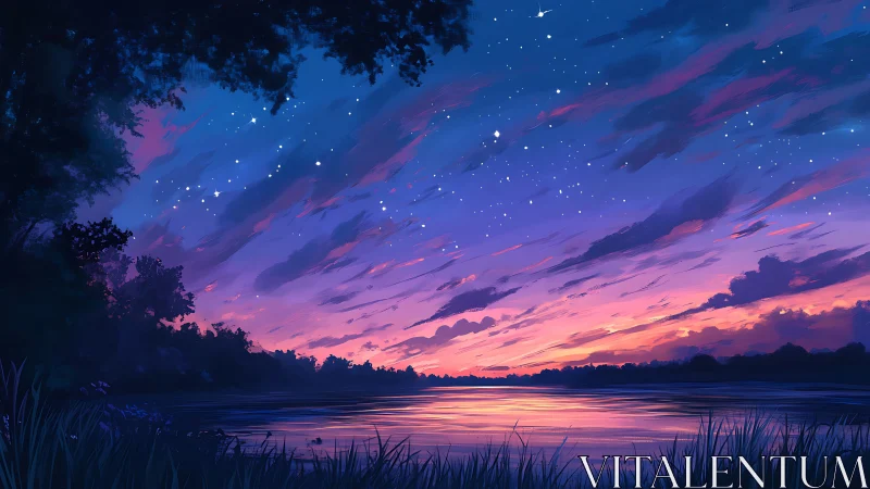 Twilight river dreams under a sky of drifting stars.