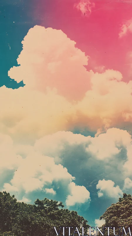 Gradient-tinted cumulus clouds over treeline in retro color field