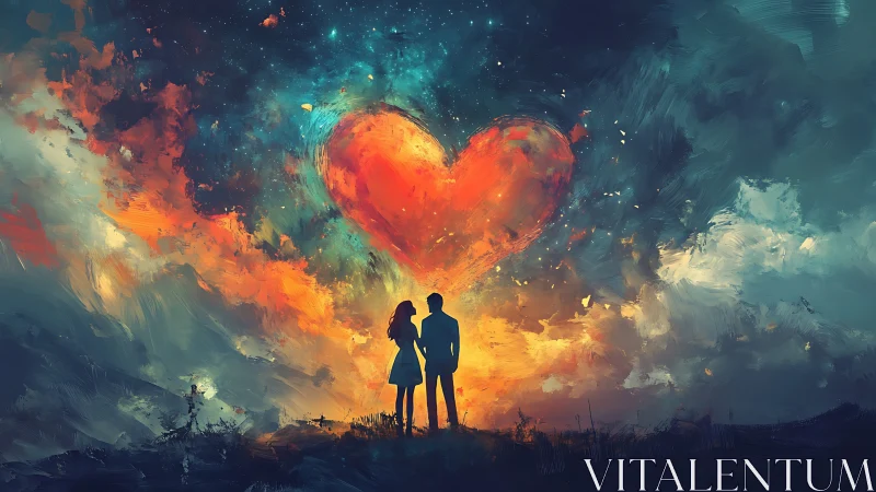 Two figures silhouetted against large heart-shaped luminous formation in sky