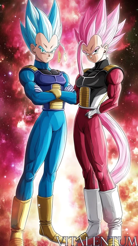 Confident cosmic warriors glowing with bold Super Saiyan power.