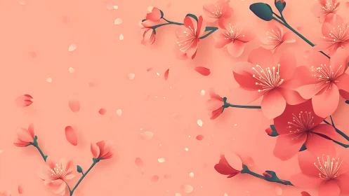 Coral Blossoms Cascade Against Soft Pink Background.