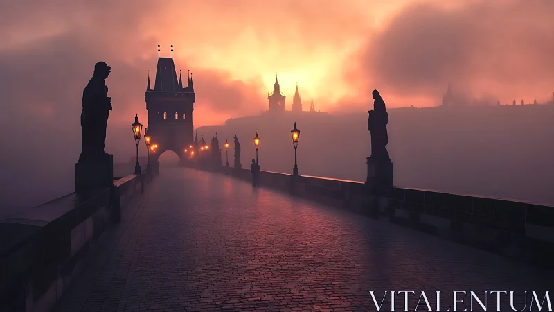Mist-kissed old city bridge glowing in soft sunrise light.