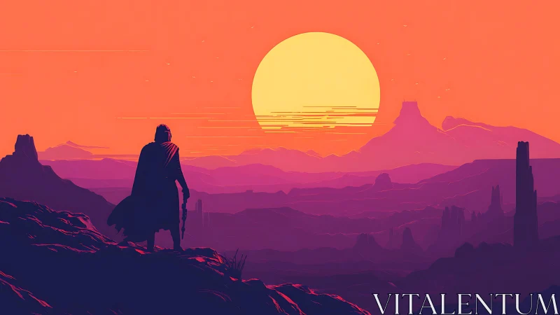 Lone wanderer overlooks neon desert under colossal sun.