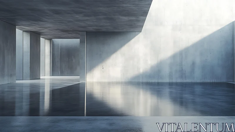 Modernist Concrete Interior with Specular Reflective Water Surface and Directional Illumination