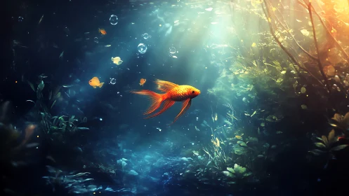 Golden fish glides through glowing underwater forest.