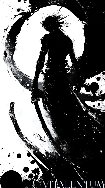 Ink silhouette swordsman in dynamic monochrome composition.