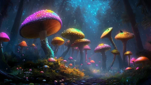 Star-dusted mushroom forest glowing with neon twilight magic.