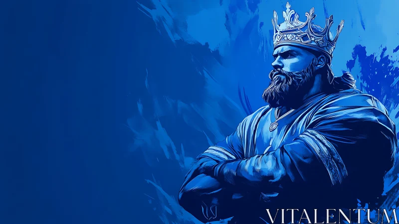 Blue digital portrait of crowned bearded male monarch figure.