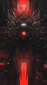 Crimson machine deity guarding a blazing digital abyss.