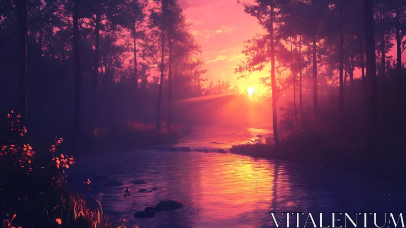 Serene river at sunset with vivid orange and pink light.