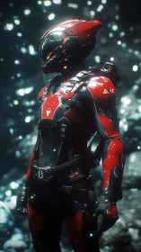 Red armored sci fi soldier stands in reflective light field