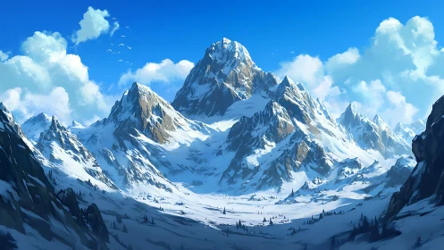 Sunlit alpine massif with snow-laden ridges under clear sky