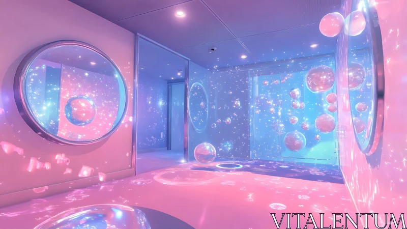 Immersive pastel room with glowing holographic spheres.