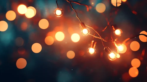 String lights with warm bokeh on dark background at night.