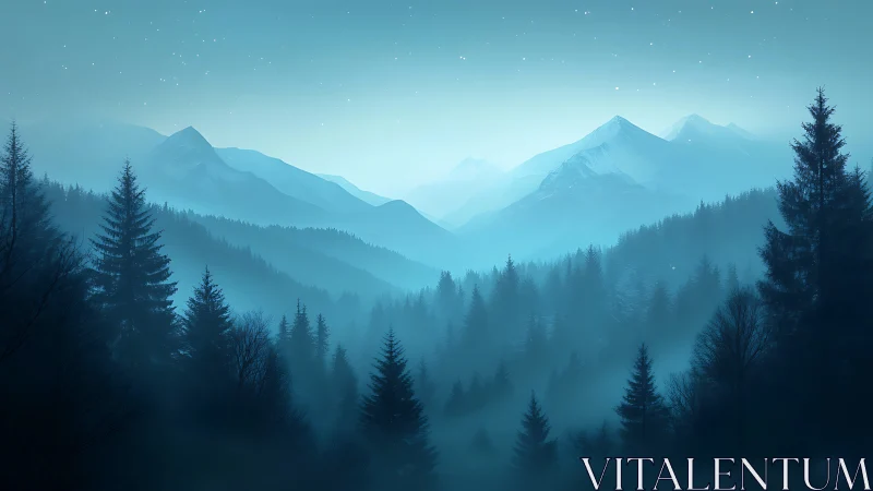 Misty Mountains at Dawn: A Tranquil Alpine Journey.