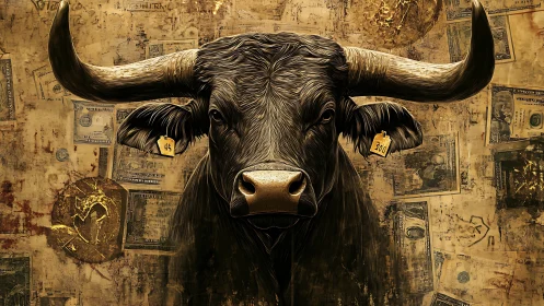 Bull portrait over layered currency collage background.