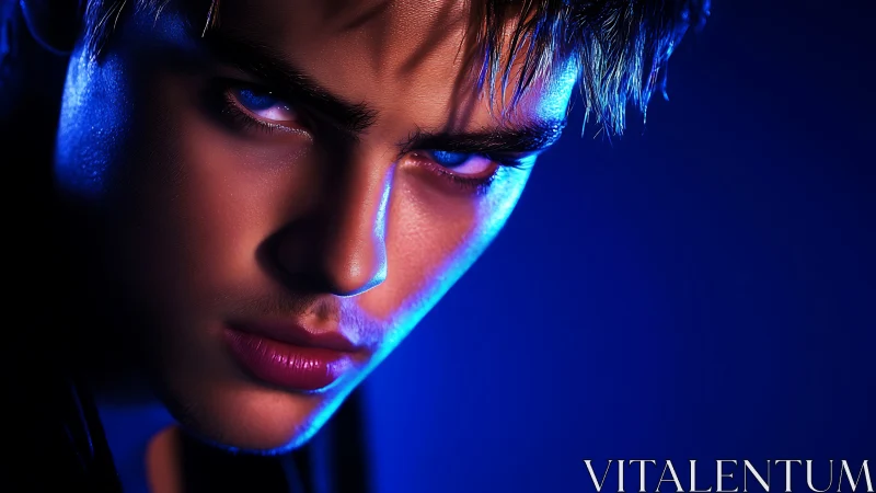 Moody neon portrait with an intense, cinematic gaze.