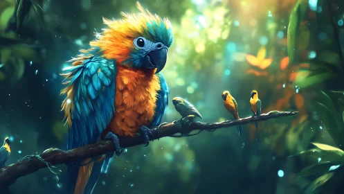 Vibrant Parrots on Branch in Lush Forest, Digital Art Style.