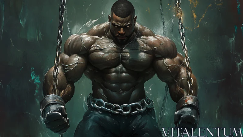 Muscular chained man stands restrained against dark backdrop