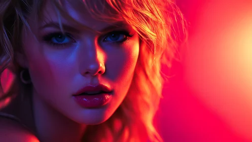 Neon-lit female portrait in high-contrast photorealistic closeup.