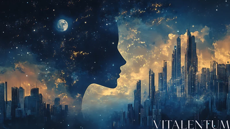 Cosmic silhouette uniting starry night and twin cities.