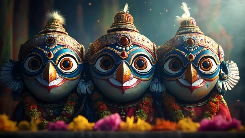 Trio of ornate Jagannath idols under cinematic warm light.