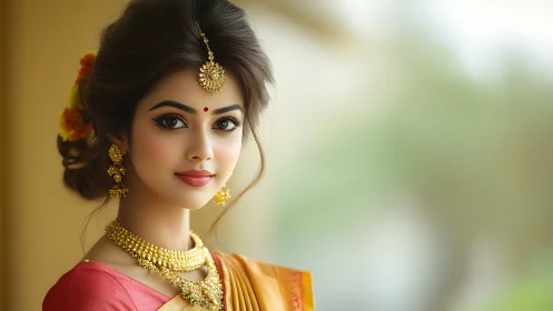 Photorealistic Indian portrait with ornate bridal adornment.