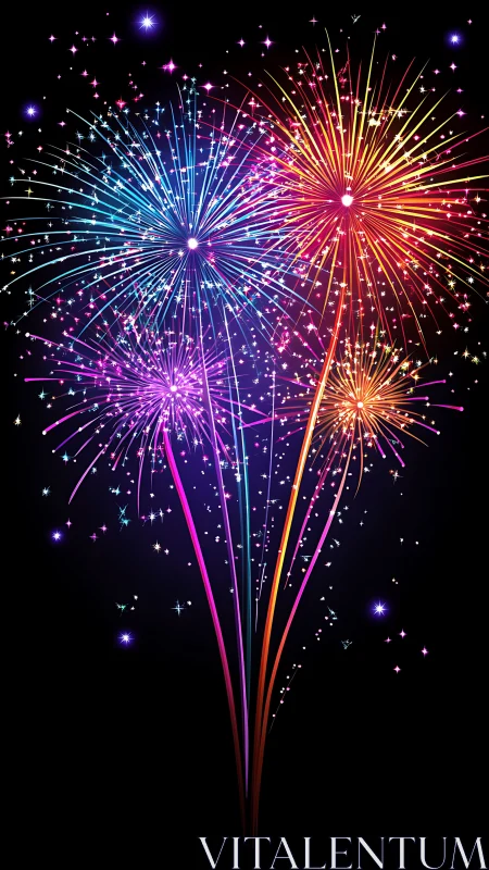 Digital vector fireworks burst with radiant neon trajectories.
